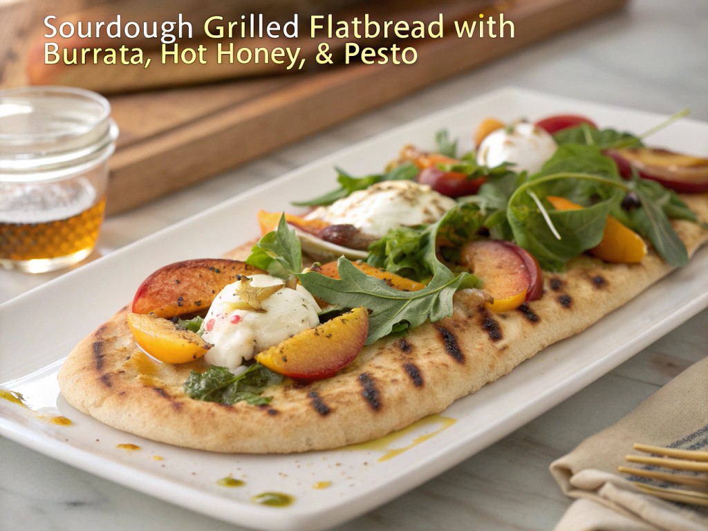 Sourdough Grilled Flatbread with Burrata, Hot Honey, & Pesto