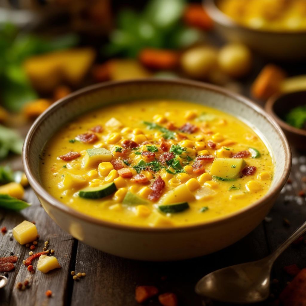 Cremige Mais-Chowder-Suppe mit Zucchini & grünen Chilis (vegetarisch)