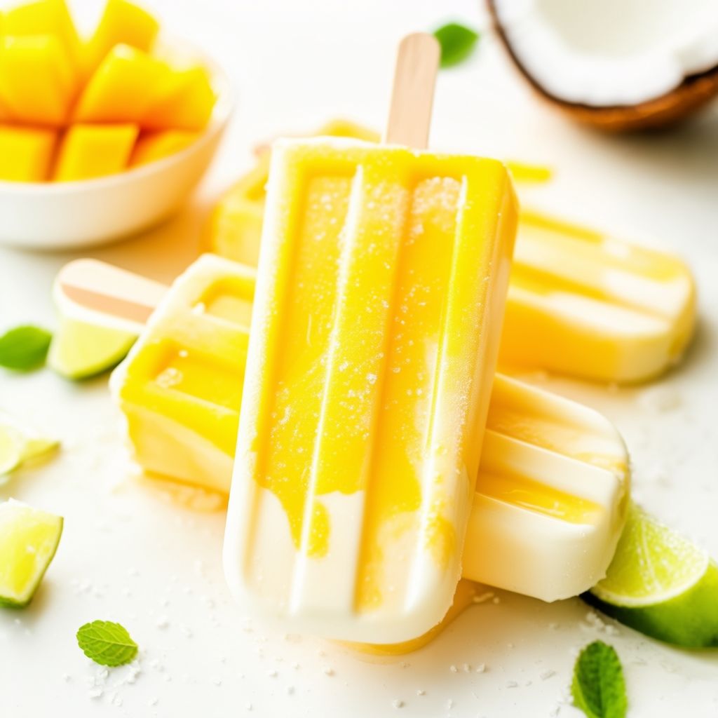 Tropische Mango-Kokos-Eis am Stiel