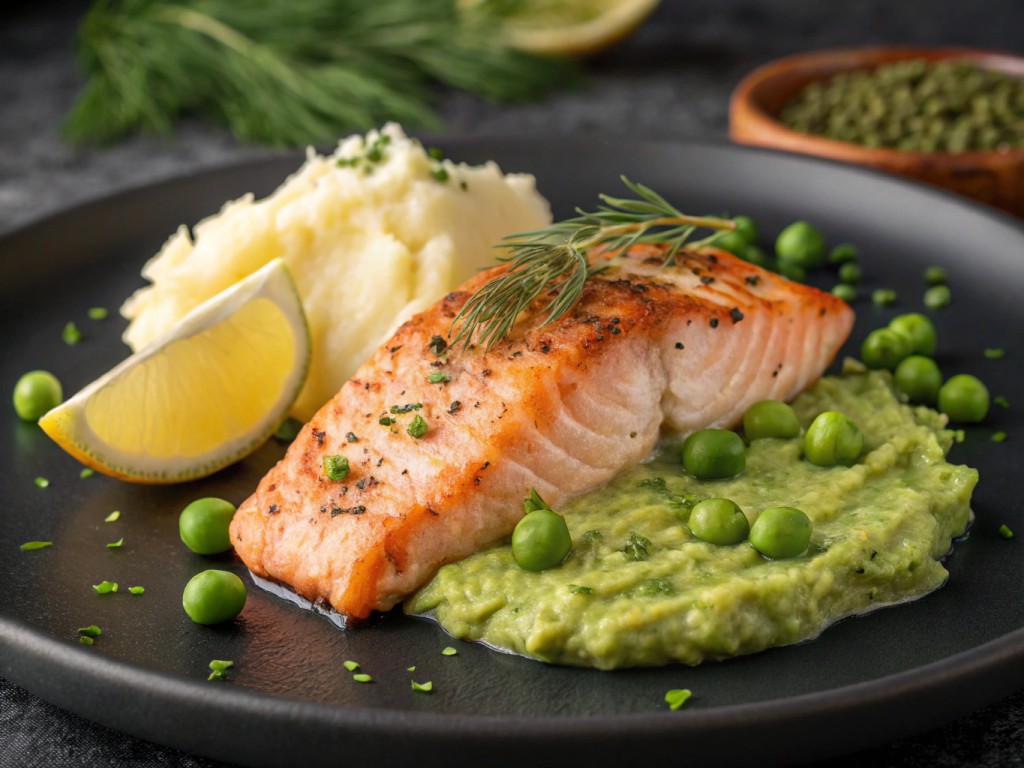 Honig-Lachs mit Smashed Potatoes und Erbsenpüree