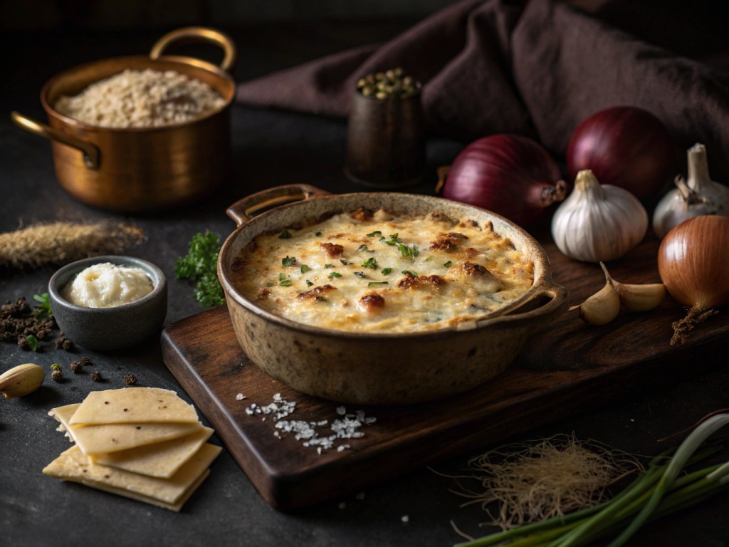 Überbackener karamellisierter Zwiebeldip mit Gruyère-Käse
