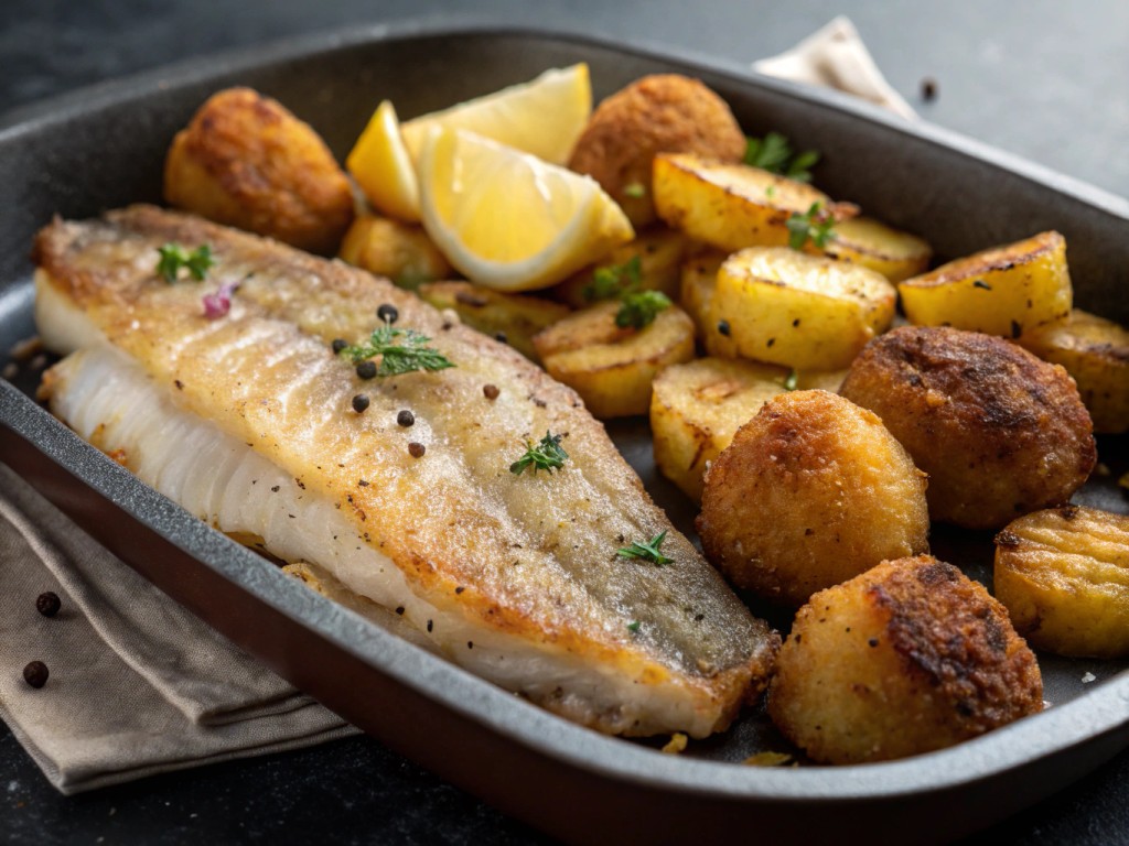 Fisch mit Kartoffelprodukt aus dem Ofen