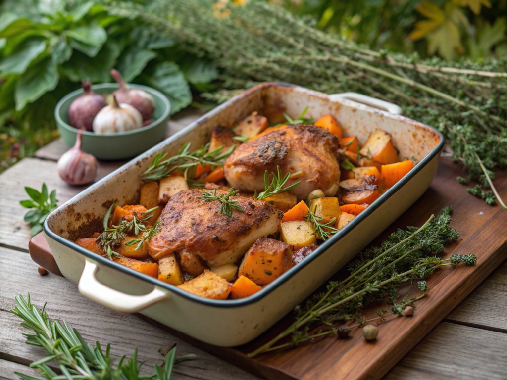 Kürbis, Kartoffeln und Hähnchenschenkel aus dem Backofen
