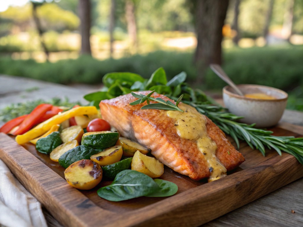Lachsfilet mit Rosmarinkartoffeln und Honig‑Senf‑Sauce im Airfryer