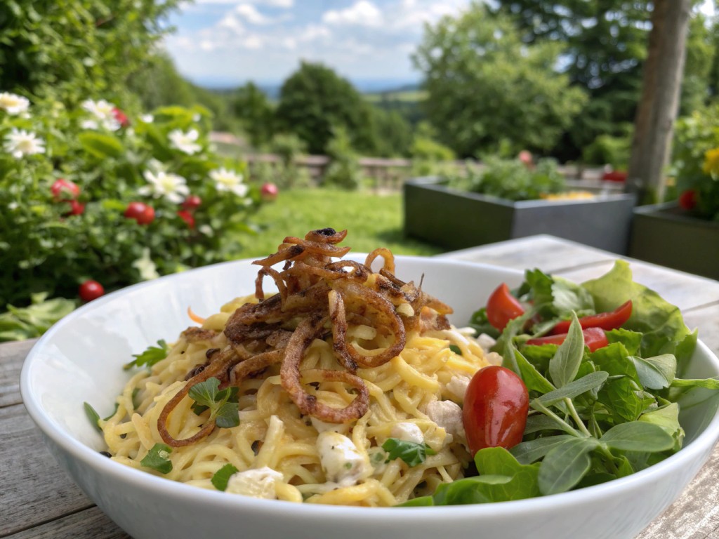Käsespätzle mit Röstzwiebeln und Salat