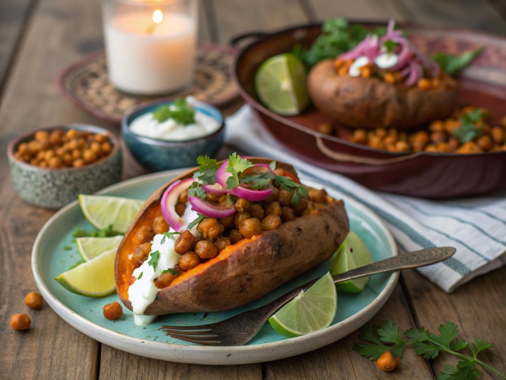 Gebackene Süßkartoffel mit Tandoori-Kichererbsen