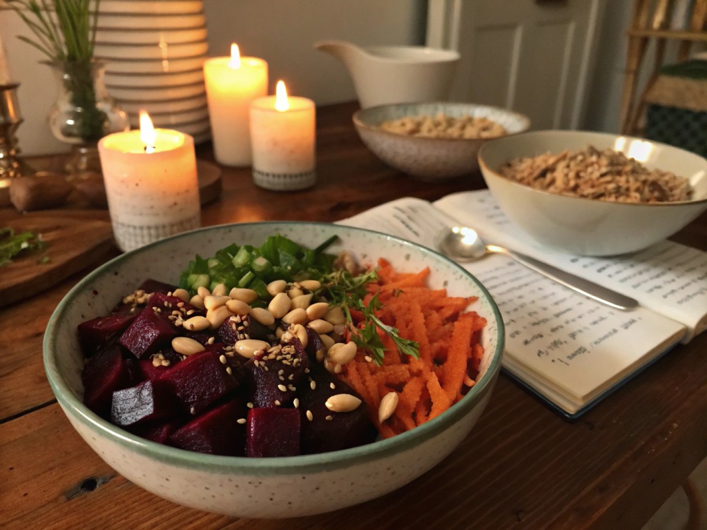 Ingwer Rote Bete mit Erdnuss-Dressing, schwarzem Sesam und Schnittlauch