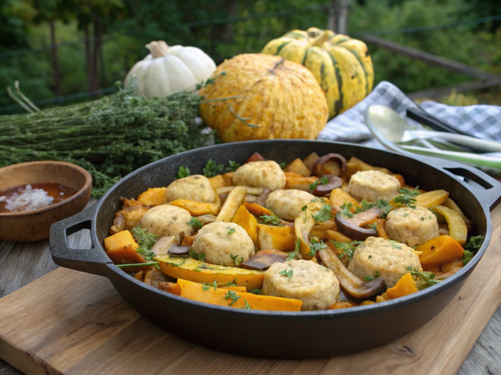 Veganes Pfannengericht mit Kürbis und Knödeln