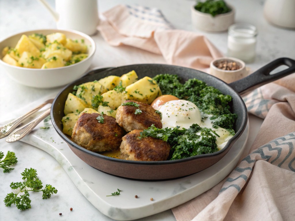Frikadellen, Rahmspitzkohl mit Salzkartoffeln