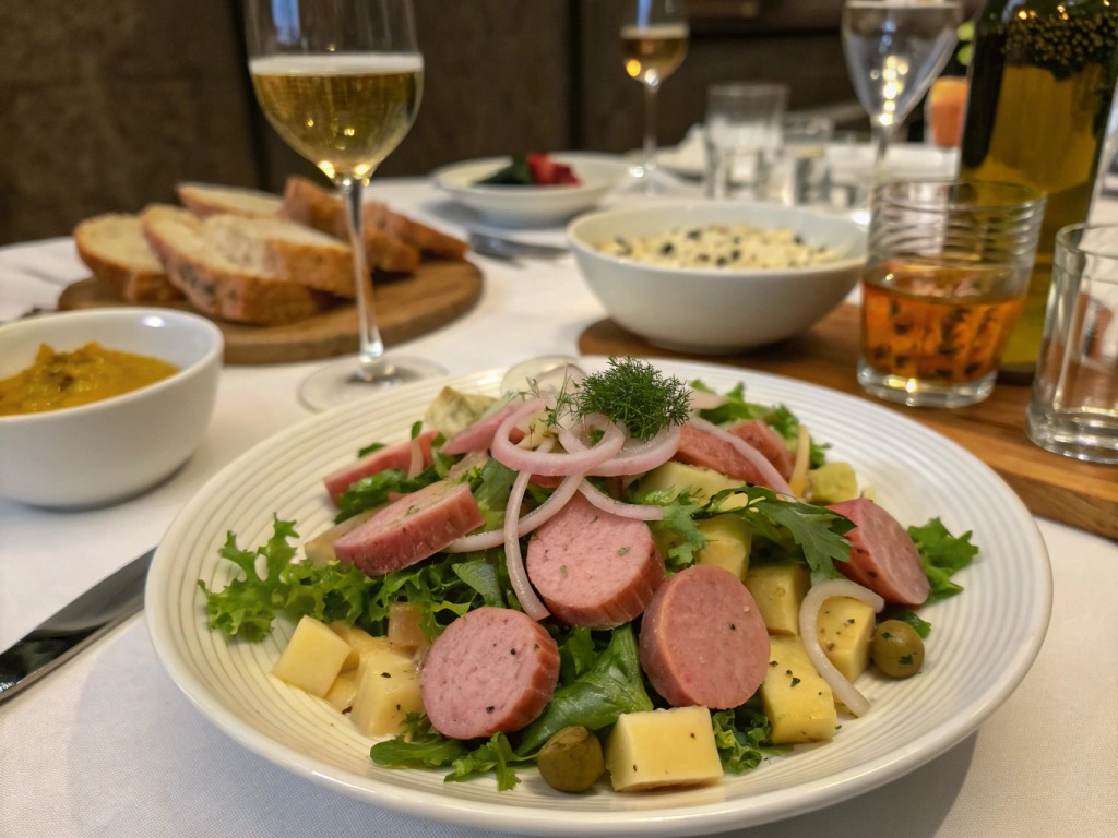 Schweizer Wurstsalat mit Käse und Gürkchen