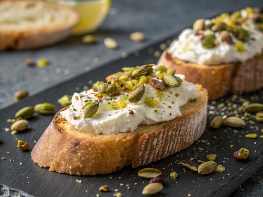 Trüffel-Pistazien-Whipped-Ricotta-Crostini