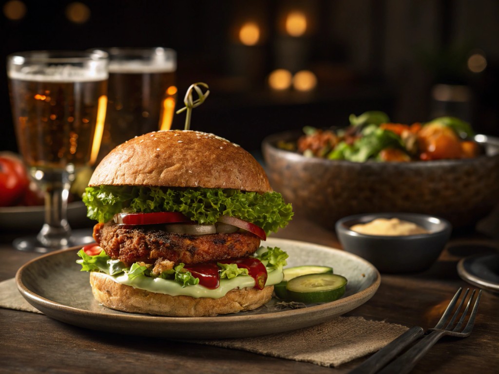 Veganer Burger mit frischem Salat und Burgersoße