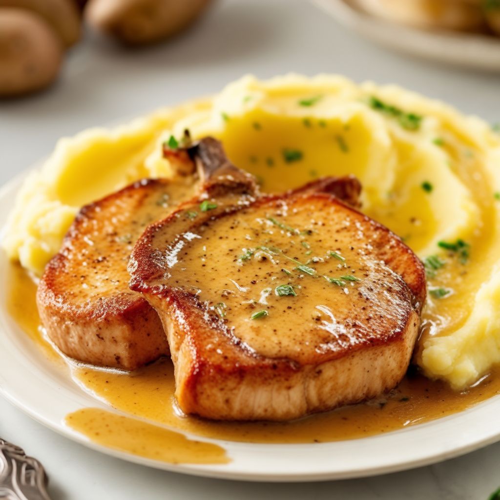 Herzhafte Schweinekoteletts mit cremiger Kräutersoße und Knoblauchkartoffelpüree