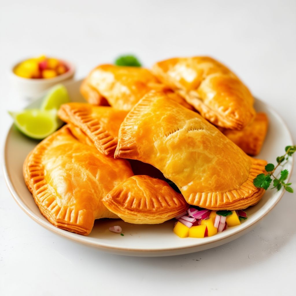 Jamaikanische gewürzte Rindfleisch-Pasteten mit tropischer Salsa