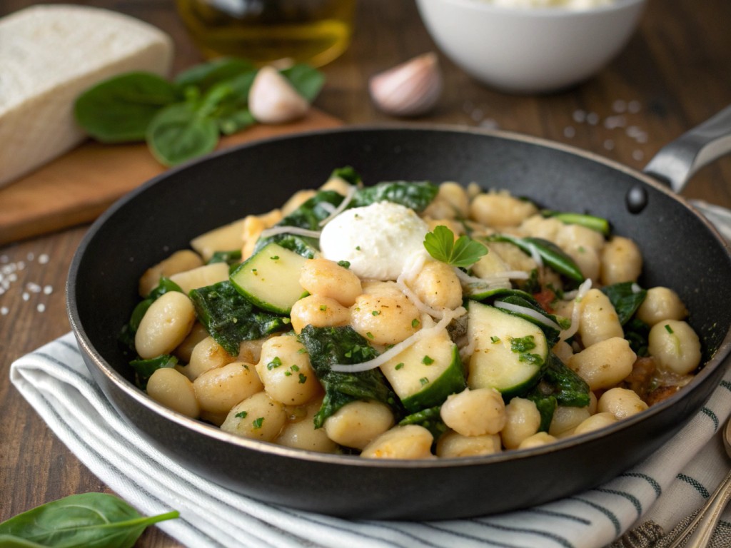 Gnocchi mit weißen Bohnen, Zucchini und Spinat