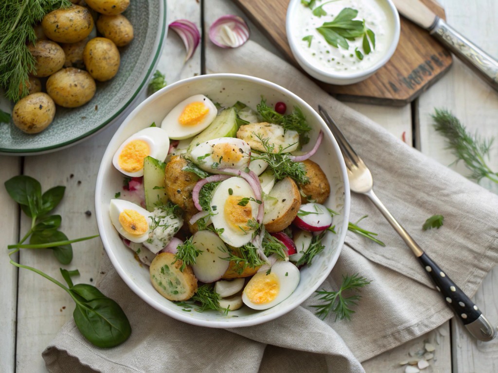 Herbed Baby Potatoes with Mustard Yogurt and Eggs