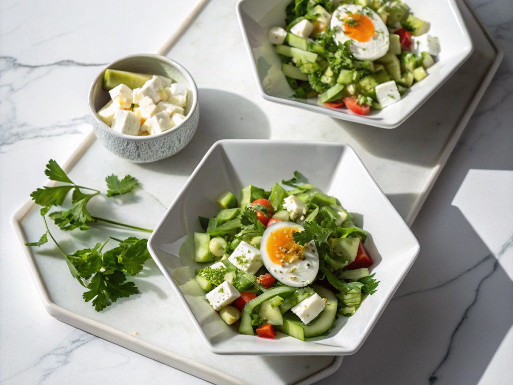 Selleriesalat mit Feta und weich gekochtem Ei