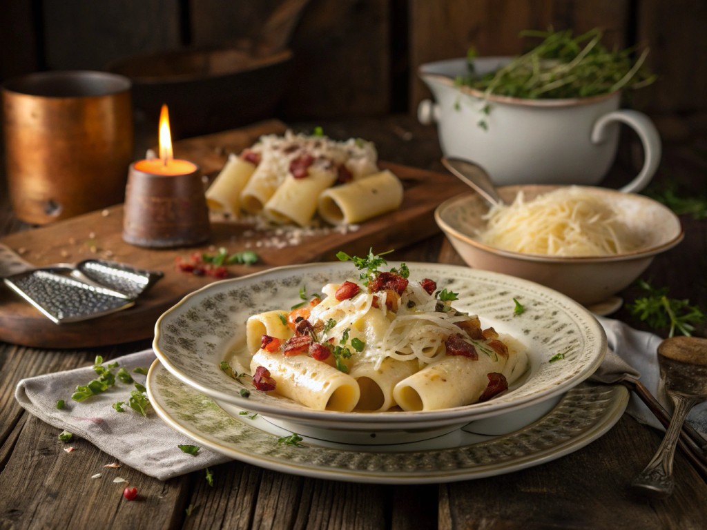 Cremige Paccheri Pasta mit Krustenschinken und Rosenkohl, getoppt mit Kresse und Hartkäse