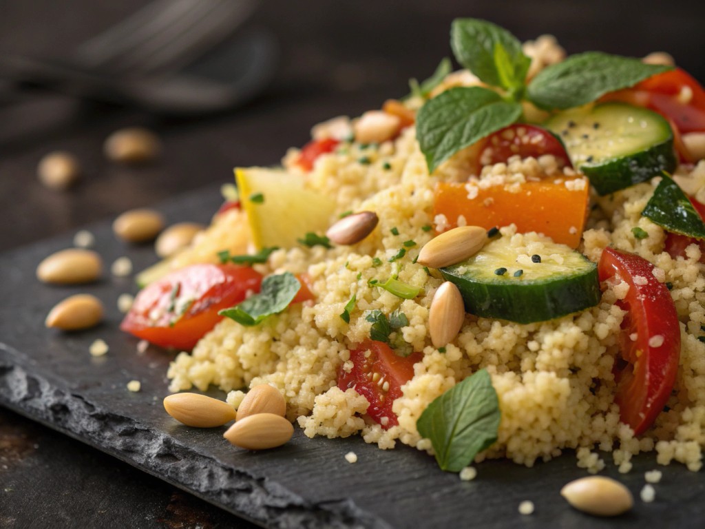 Kuskkus‑Salat mit frischem Gemüse und gerösteten Pinienkernen