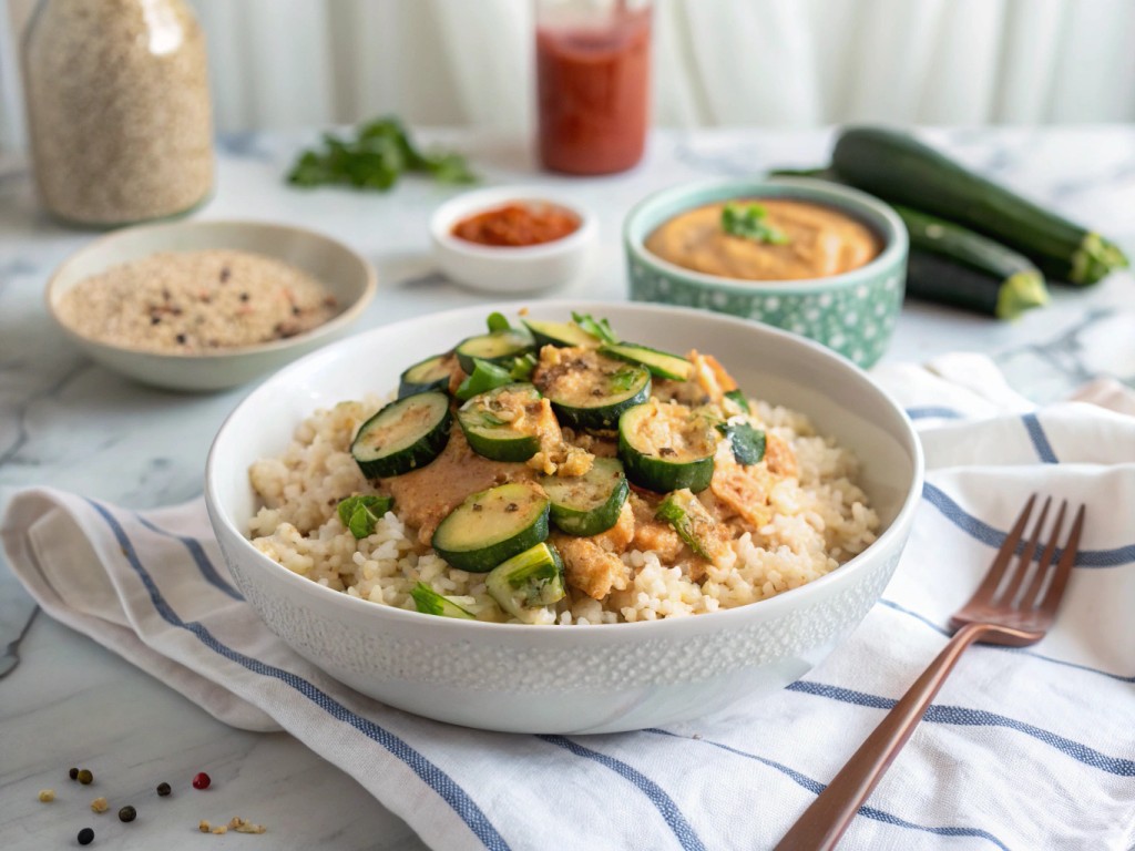 Caros Basmatireis-Quinoa mit Zucchini und Erdnuss‑Sahnesauce