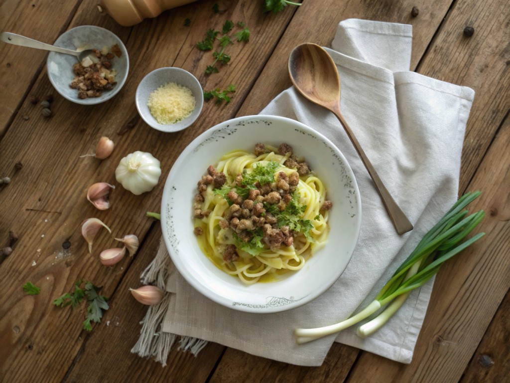 Käse-Lauch-Nudeln mit Hack
