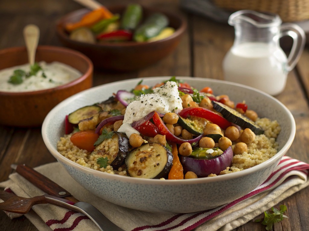 Gemüse-Couscous mit Tahini-Dressing und Ofenkichererbsen