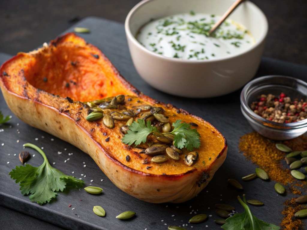 Kürbis mit Chili‑Joghurt und Koriandersauce