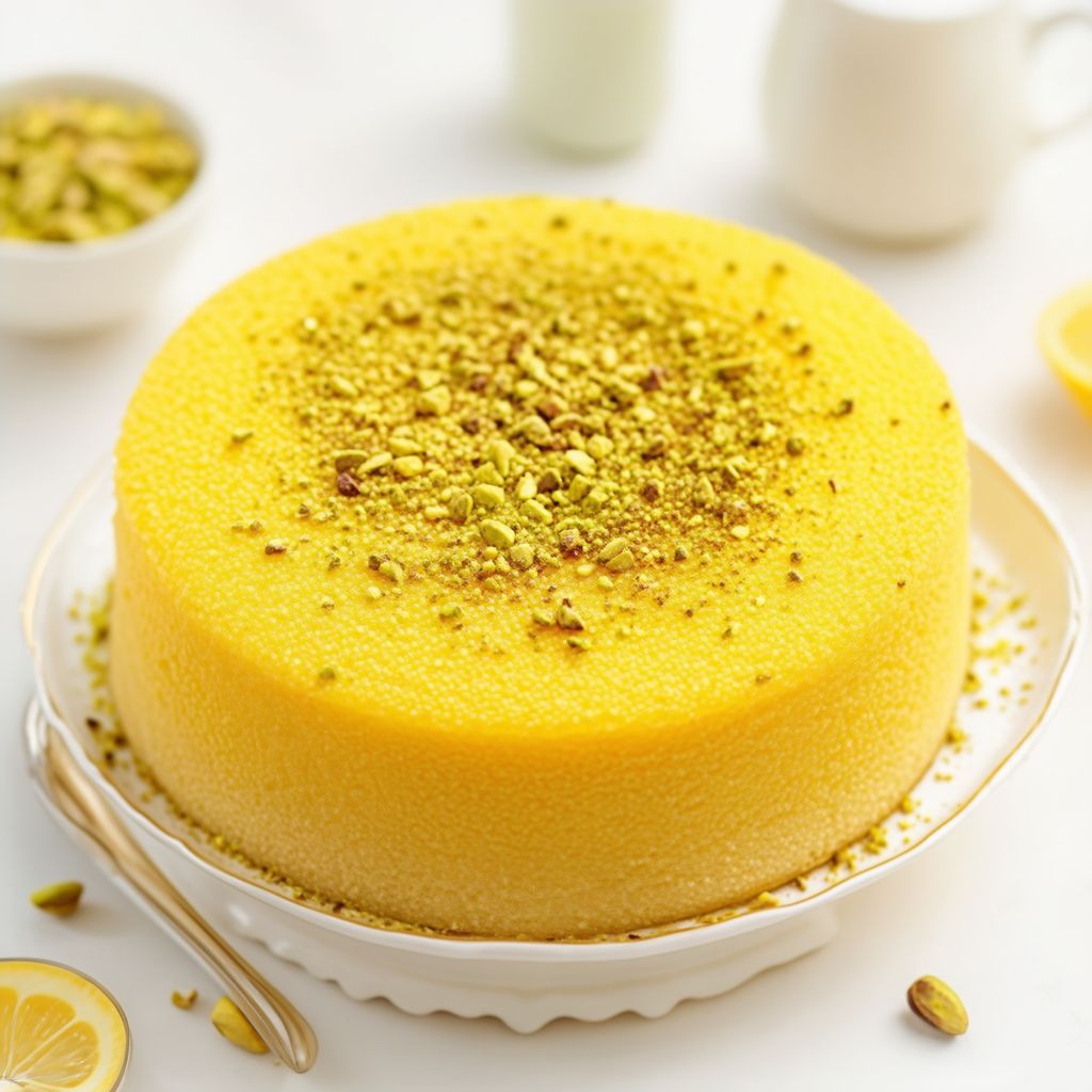 Semolina Delight Cake mit Pistazien Garnitur