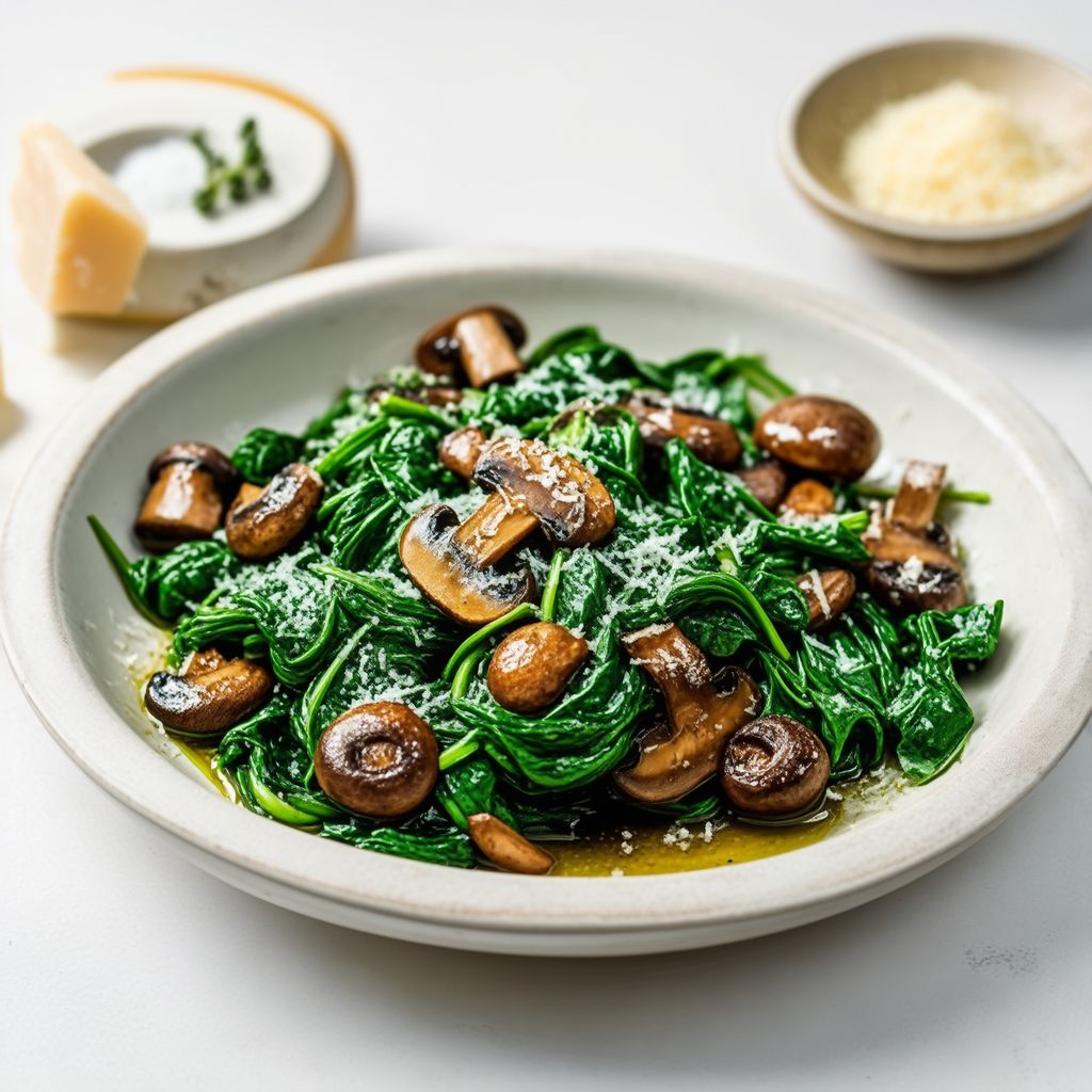 Knoblauchgebratener Spinat und Champignons