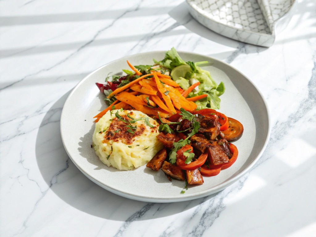 Pulled BBQ Gemüse mit Smashed Potatoes und frischem Salat