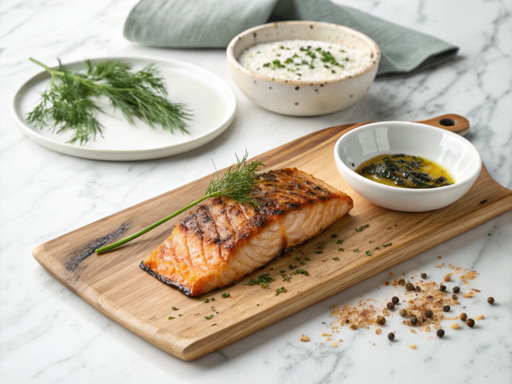 Saiblingsfilet mit Dill‑Senfglasur vom Zedernholz