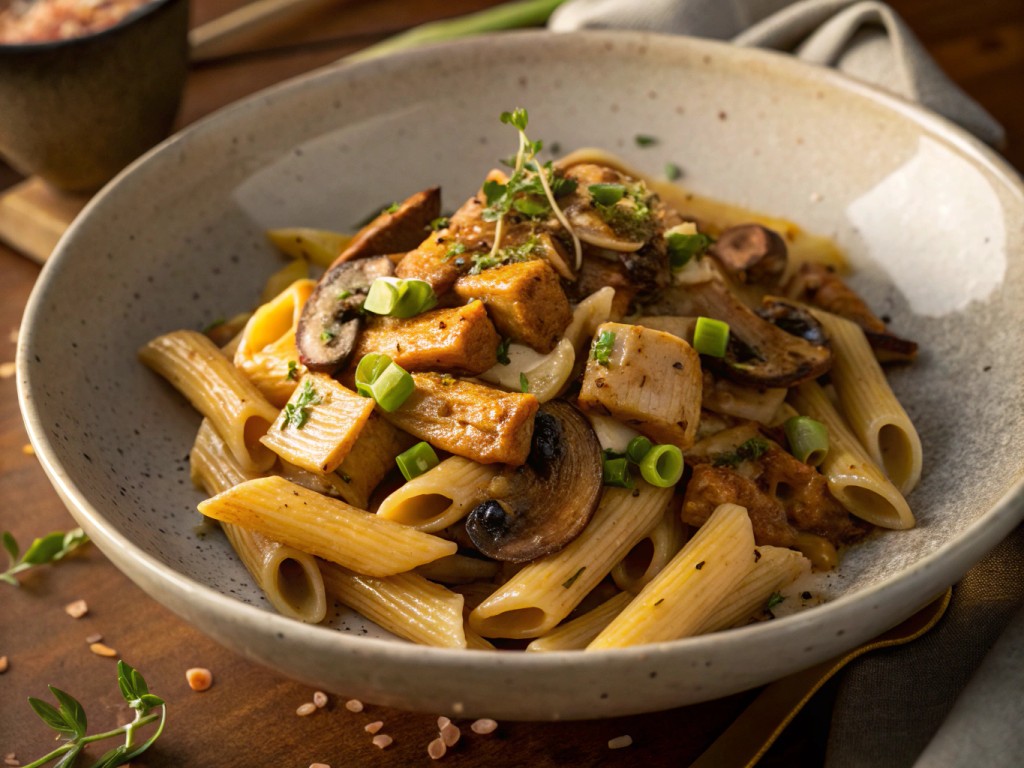 Pasta Stroganoff mit Räuchertofu und Pilzen