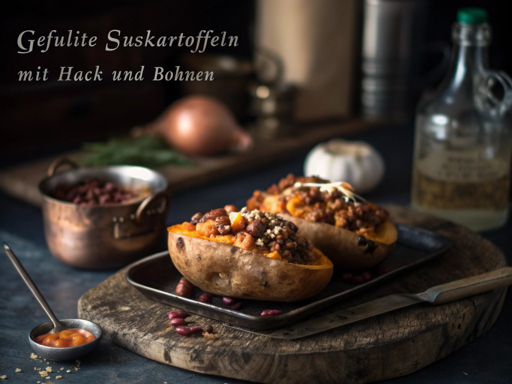 Gefüllte Süßkartoffeln mit Hack und Bohnen