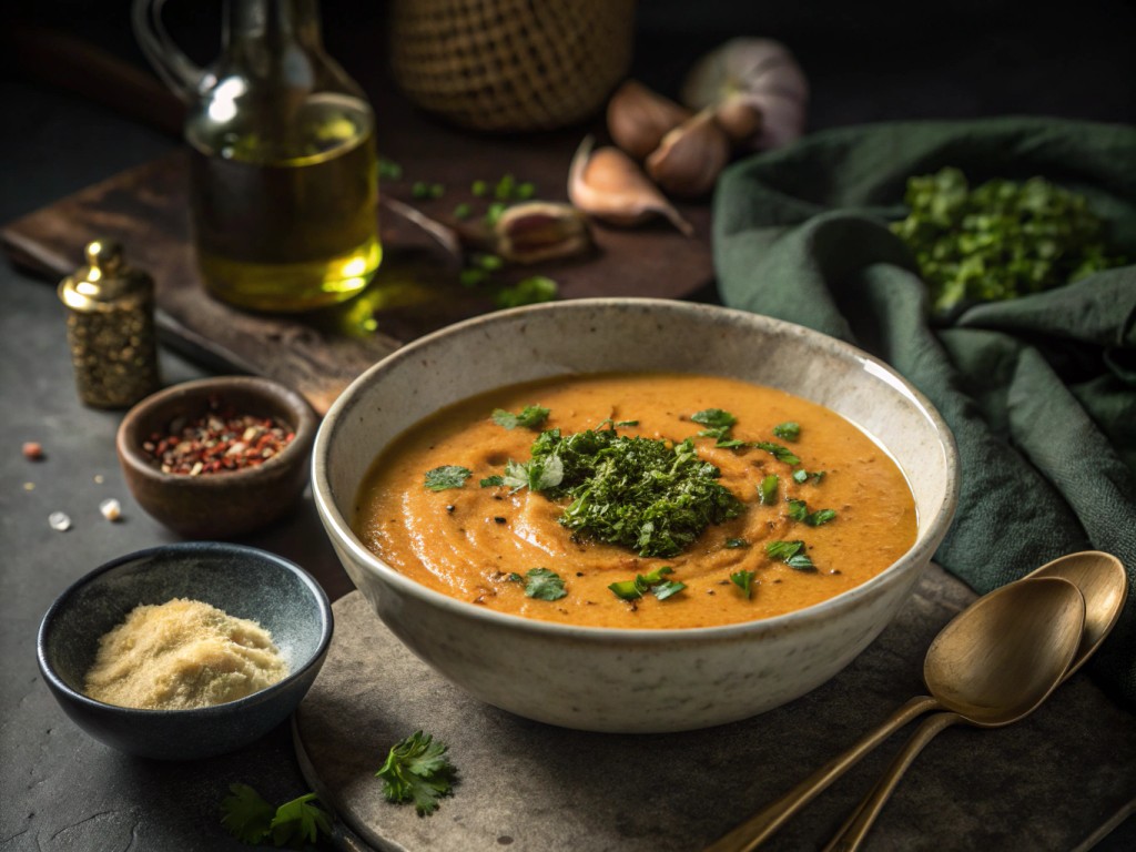 Cremige Erdnuss‑Süßkartoffelsuppe mit Petersilien‑Limettenpesto