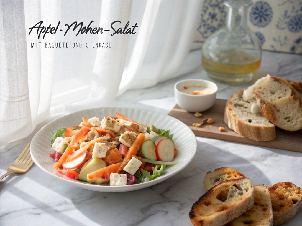 Apfel-Möhren-Salat mit Baguette und Ofenkäse