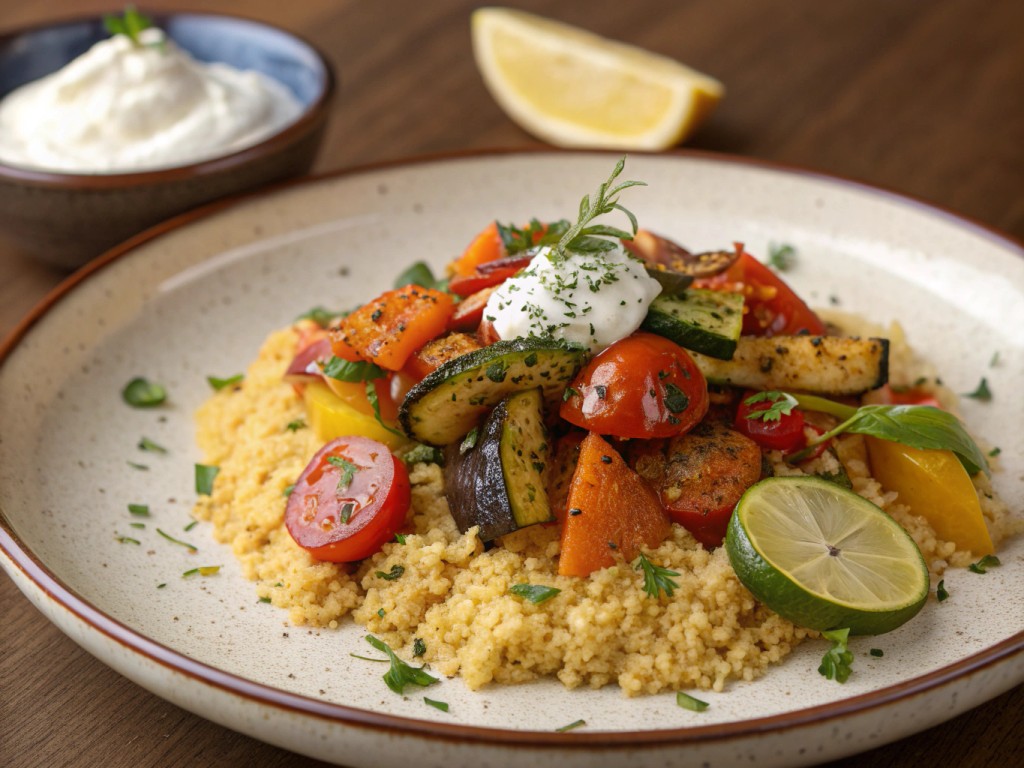 Couscous mit Dukkah‑Ofengemüse, Hirtenkäse und Joghurtdip
